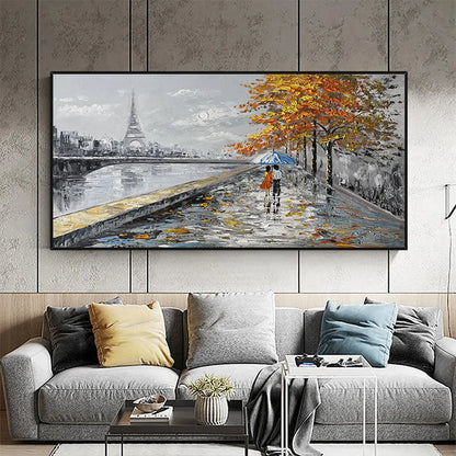PARISIAN AUTUMN STROLL: Romantic Cityscape Oil Painting with Eiffel Tower | Abstract closeup, raised brushwork detail