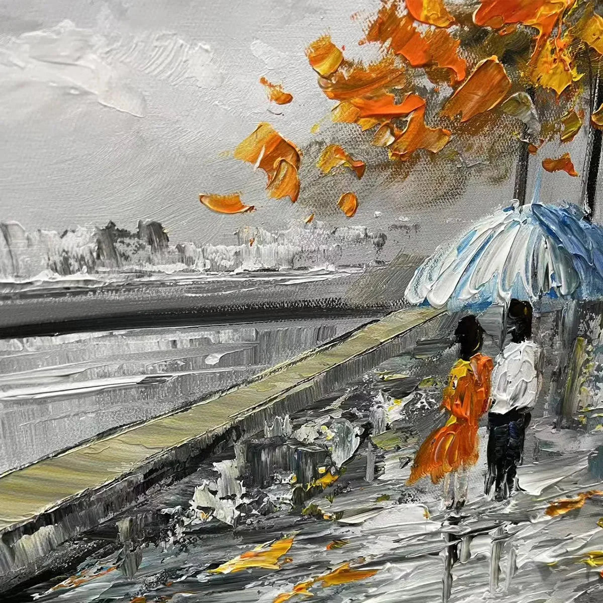 PARISIAN AUTUMN STROLL: Romantic Cityscape Oil Painting with Eiffel Tower | rectangular format, hand-painted canvas edge