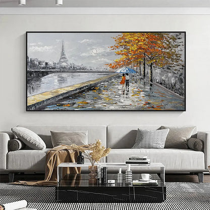 PARISIAN AUTUMN STROLL: Romantic Cityscape Oil Painting with Eiffel Tower | gold frame stretched on neutral wall