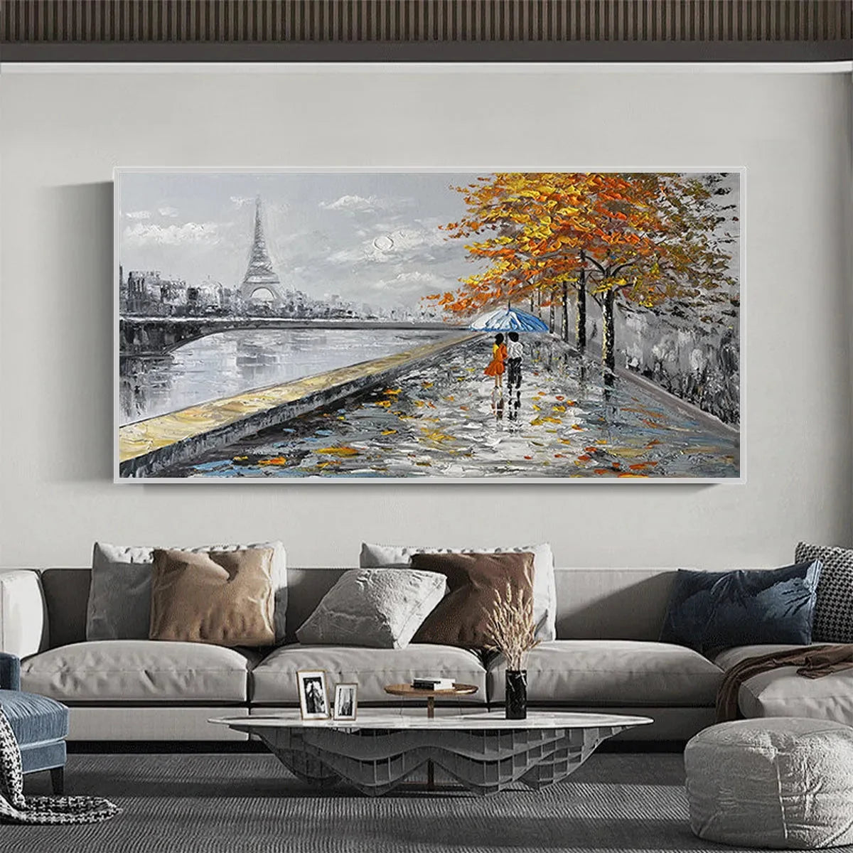PARISIAN AUTUMN STROLL: Romantic Cityscape Oil Painting with Eiffel Tower | black frame version on white wall