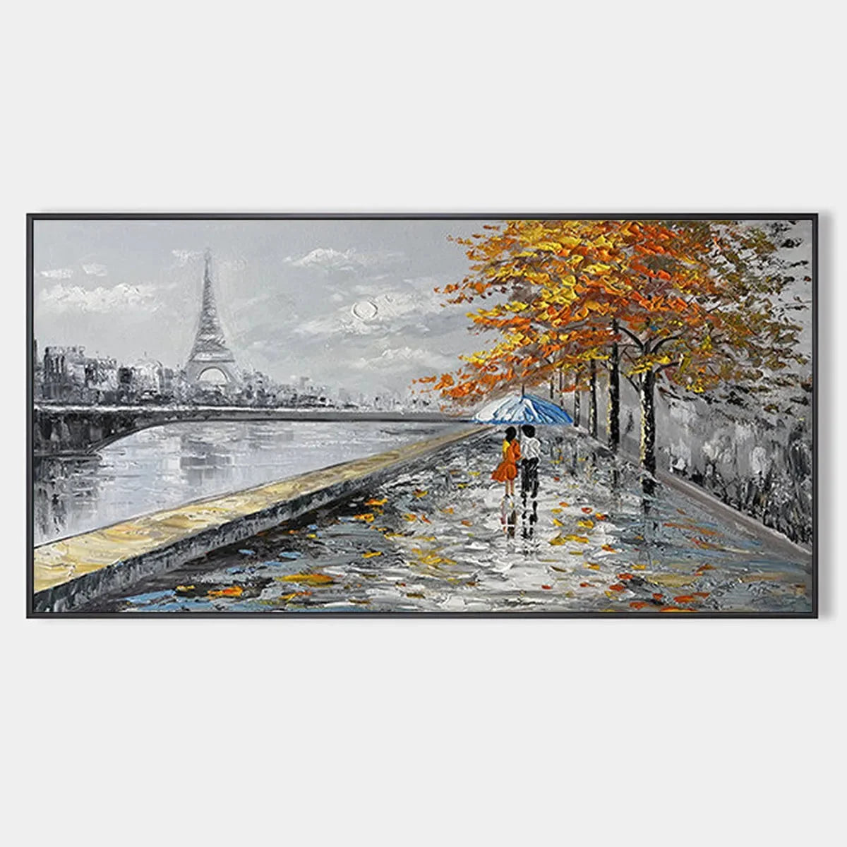 PARISIAN AUTUMN STROLL: Romantic Cityscape Oil Painting with Eiffel Tower | hanging in living room, Abstract wall art