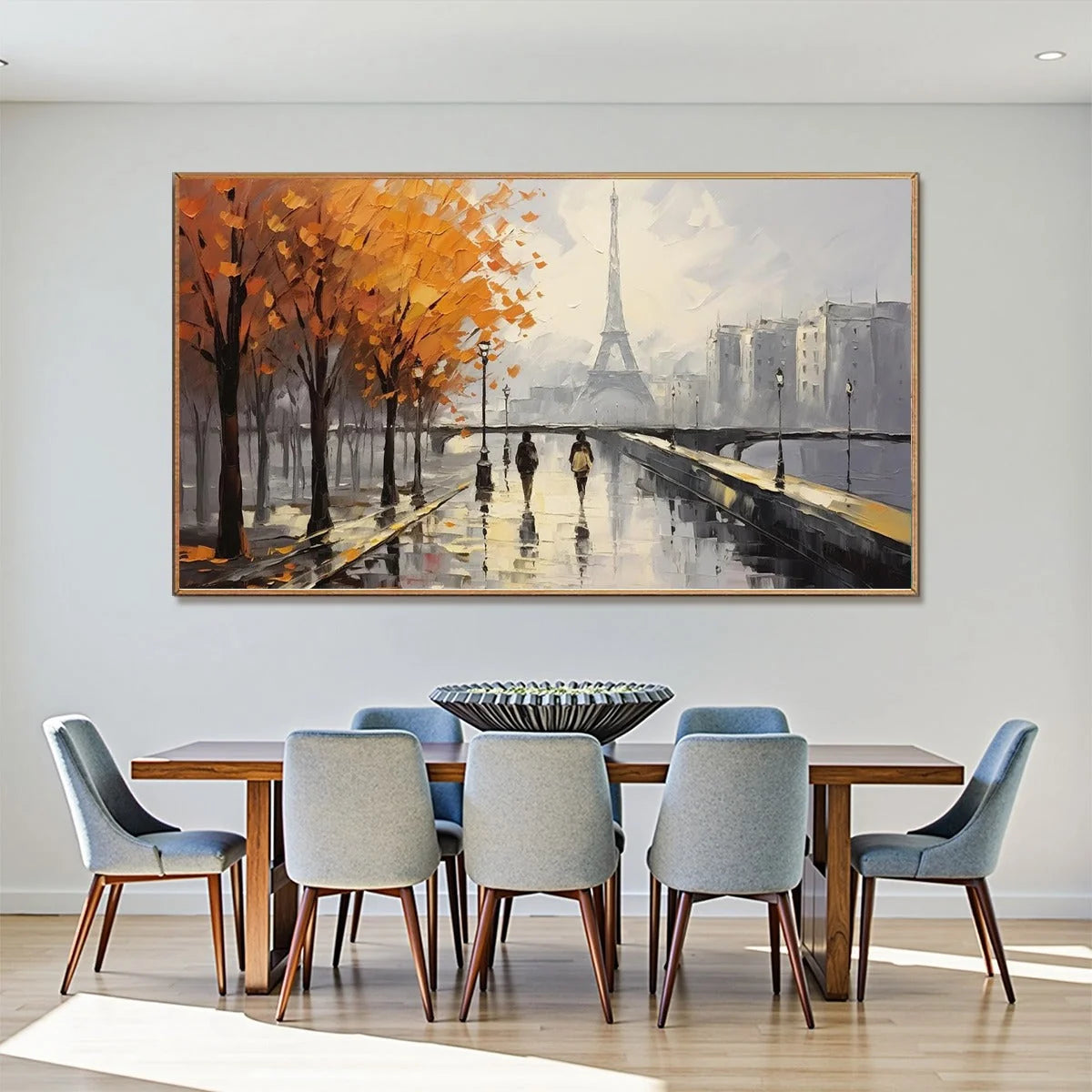 PARISIAN RAIN: Textured Cityscape Oil Painting | gold frame stretched on neutral wall
