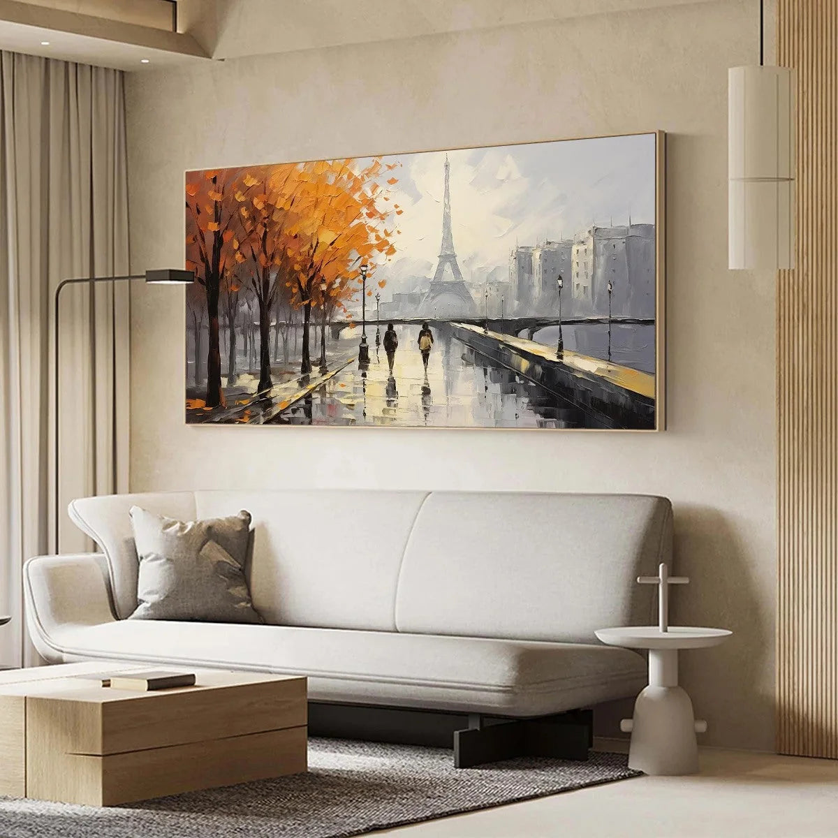 PARISIAN RAIN: Textured Cityscape Oil Painting | black frame version on white wall