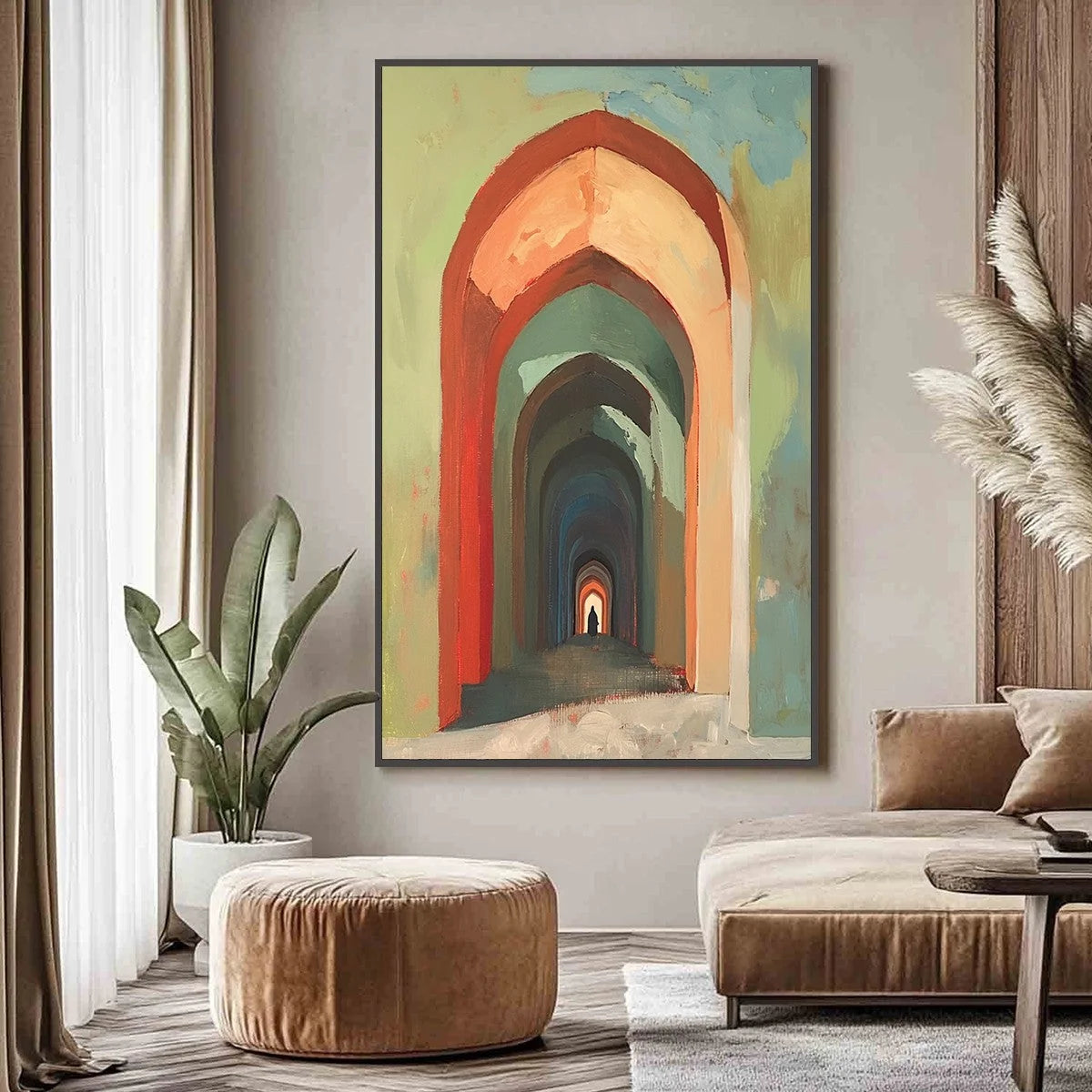 PASSAGE: Architectural Oil Painting with Warm Tones | gold frame stretched on neutral wall