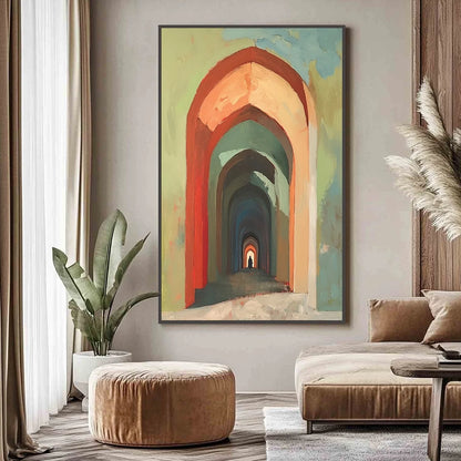 PASSAGE: Architectural Oil Painting with Warm Tones | gold frame stretched on neutral wall