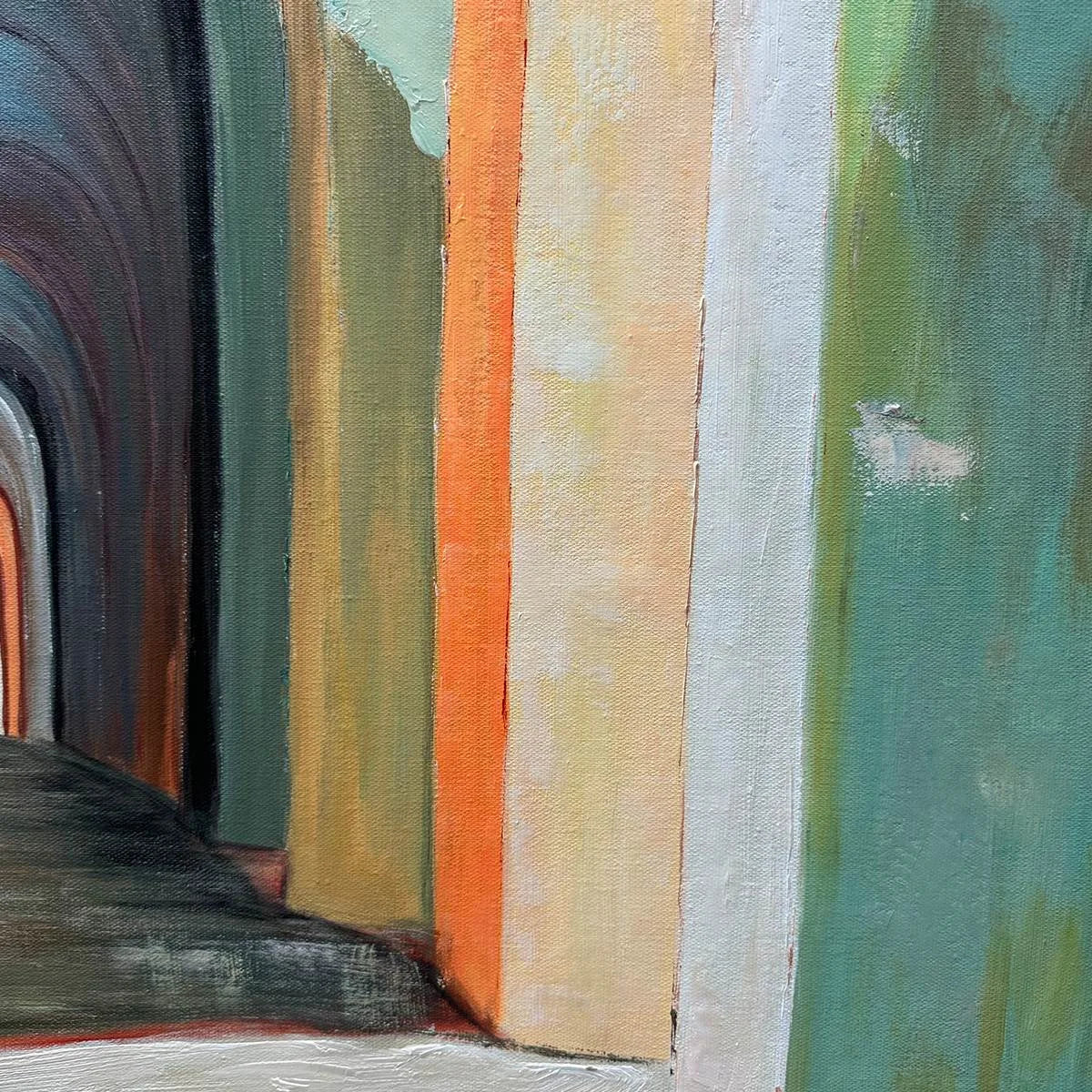 PASSAGE: Architectural Oil Painting with Warm Tones | black frame version on white wall