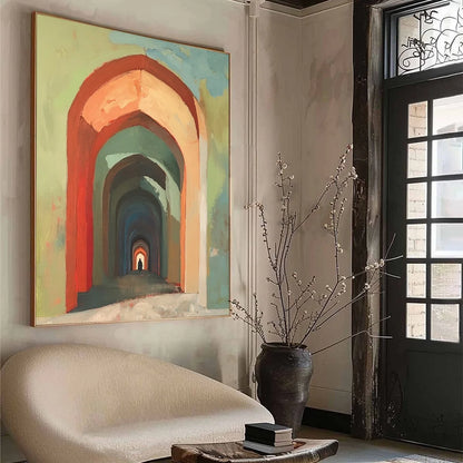 PASSAGE: Architectural Oil Painting with Warm Tones | multi-color palette, original oil on stretched canvas art