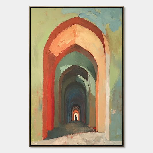 PASSAGE: Architectural Oil Painting with Warm Tones | hanging in living room, Abstract wall art