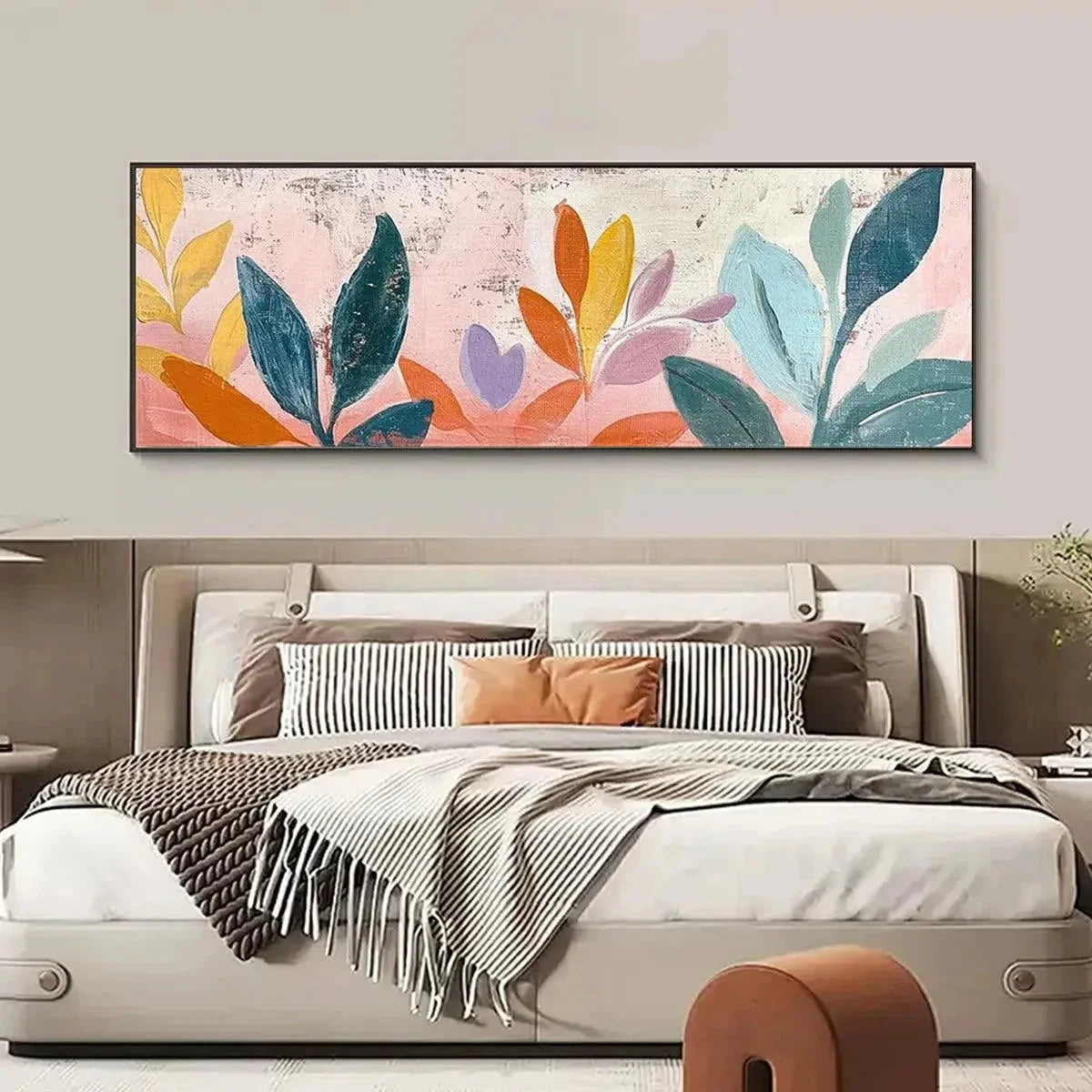 PASTEL BOTANICAL PANORAMIC: Floral Painting, Panoramic Wall Art, Pastel Decor | gold frame stretched on neutral wall