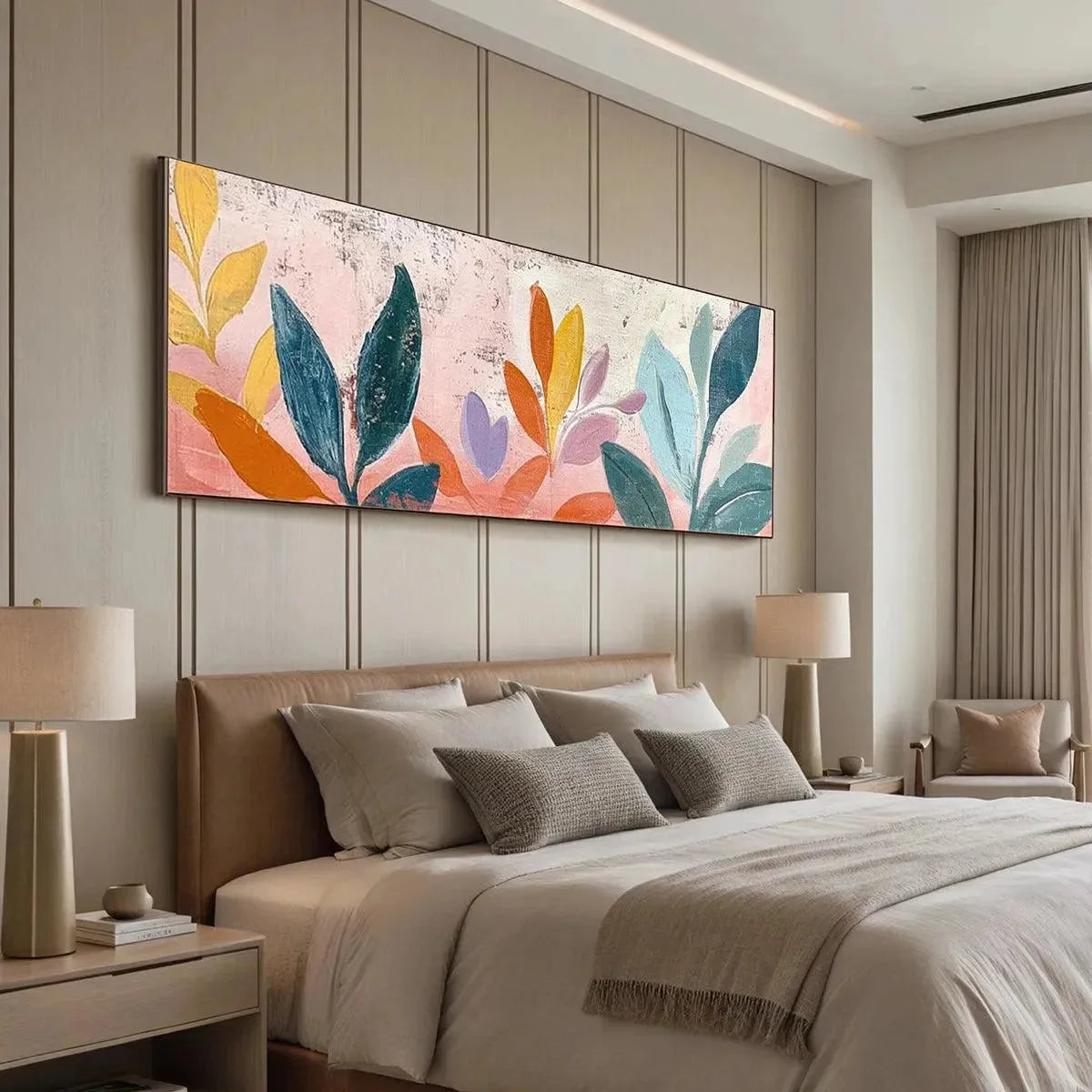 PASTEL BOTANICAL PANORAMIC: Floral Painting, Panoramic Wall Art, Pastel Decor | black frame version on white wall