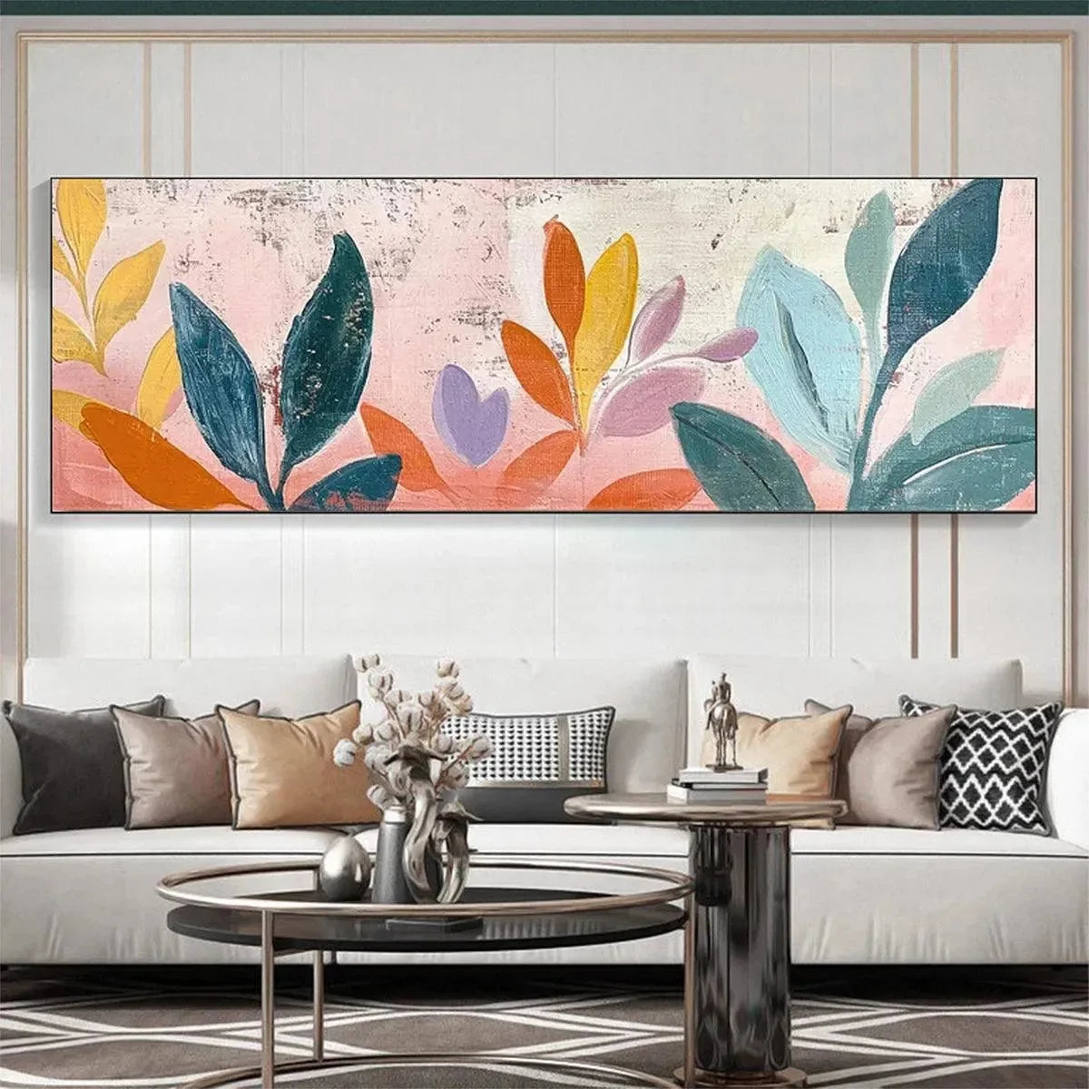 PASTEL BOTANICAL PANORAMIC: Floral Painting, Panoramic Wall Art, Pastel Decor | Abstract mood, soft natural light studio shot