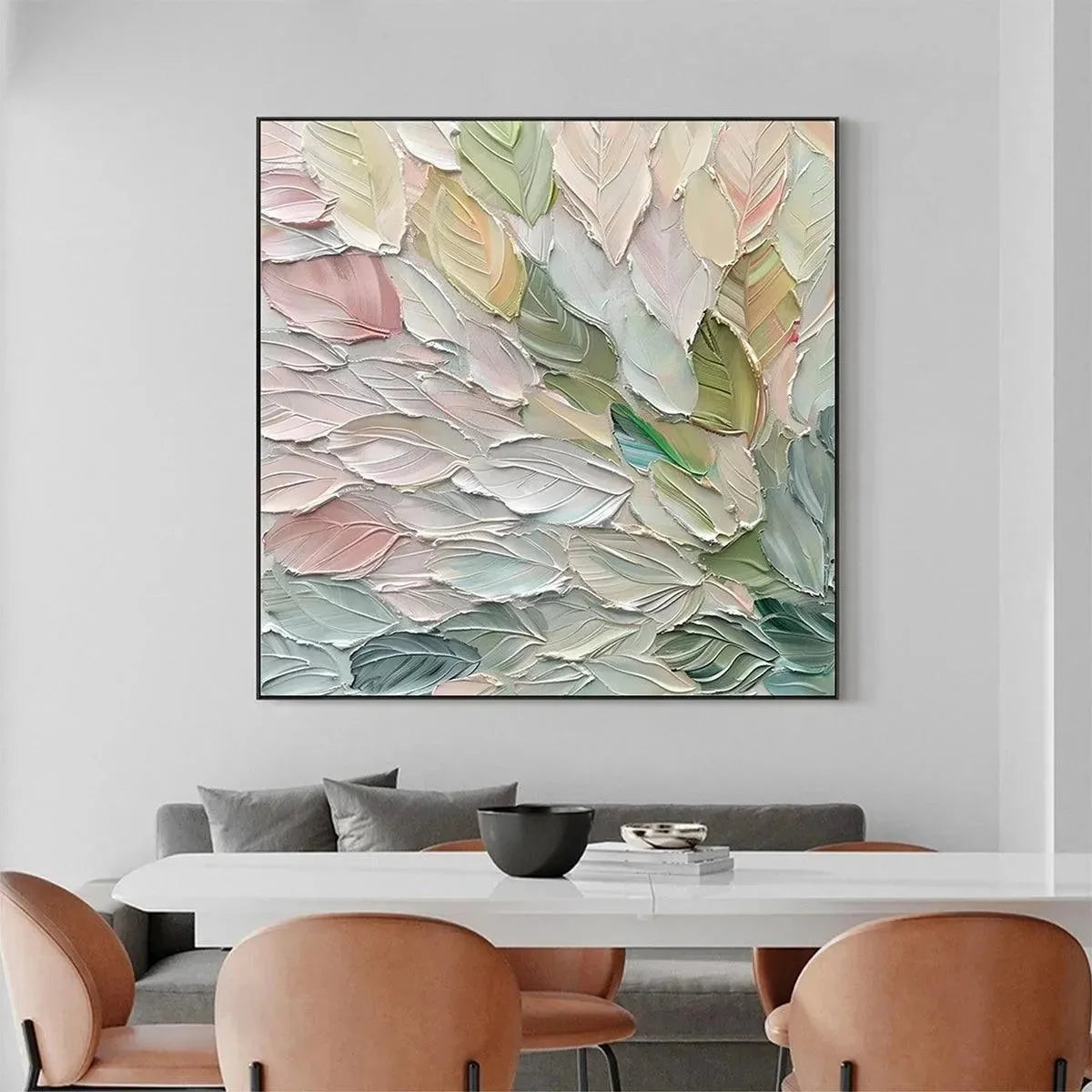 PASTEL DREAM: Square Textured Impasto Floral Painting | gold frame stretched on neutral wall