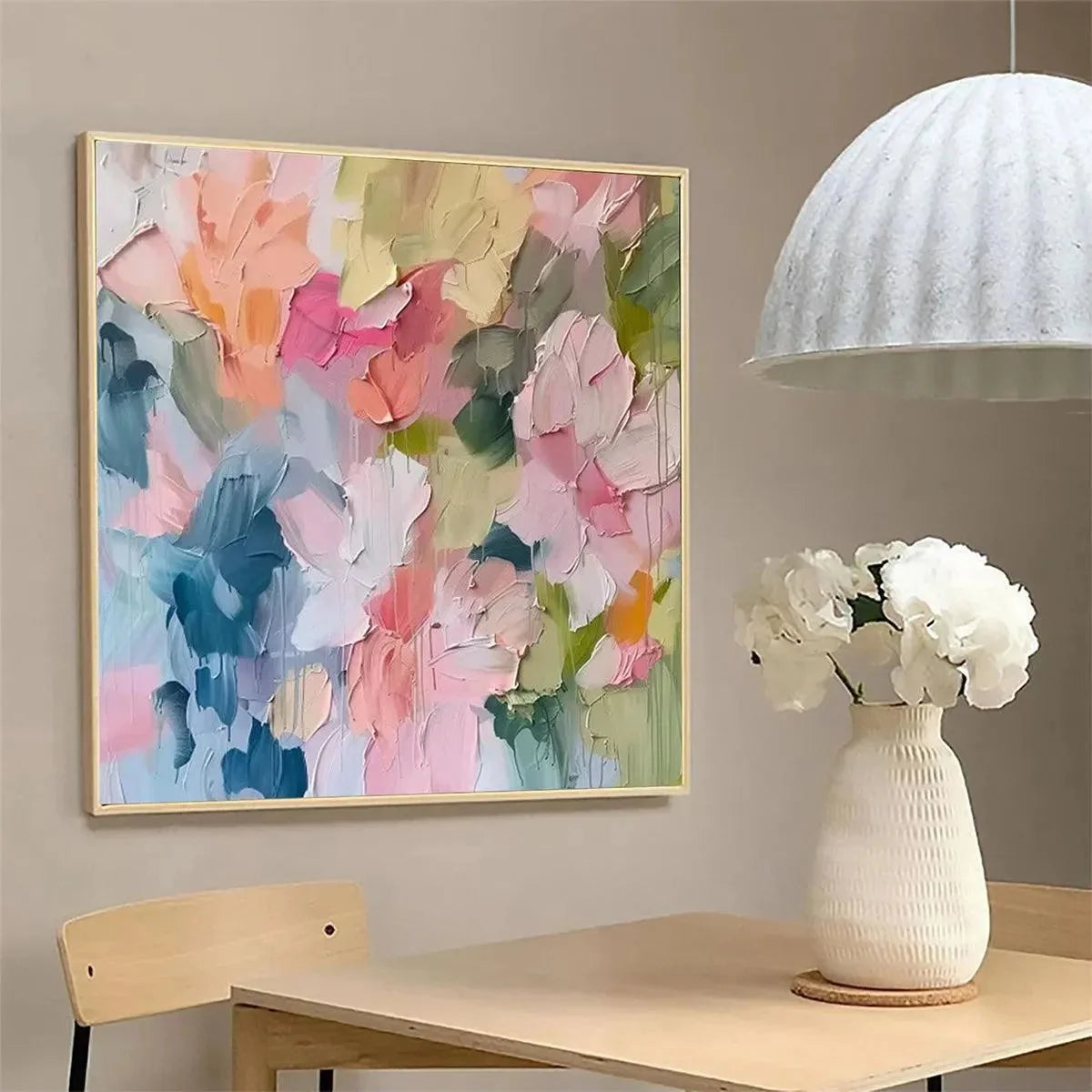 PASTEL DREAM: Textured Abstract Floral Painting in Soft Pastel Colors | gold frame stretched on neutral wall