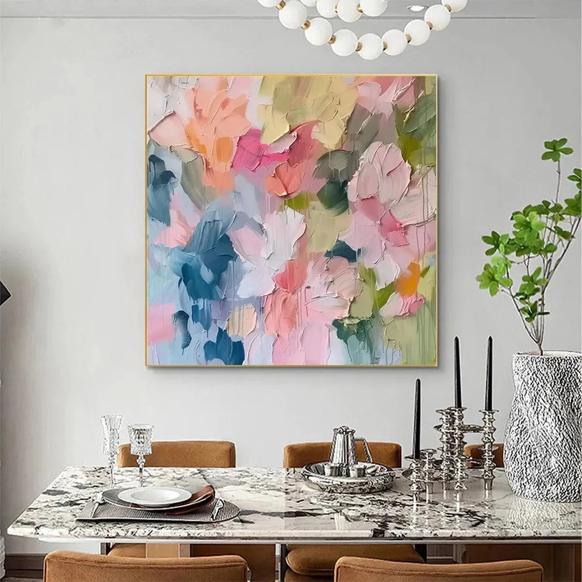 PASTEL DREAM: Textured Abstract Floral Painting in Soft Pastel Colors | black frame version on white wall