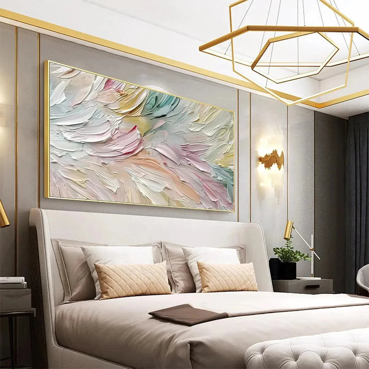 PASTEL DREAM: Textured Abstract Painting in Soft Hues, Horizontal Wall Art | gold frame stretched on neutral wall