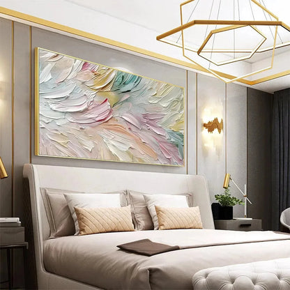 PASTEL DREAM: Textured Abstract Painting in Soft Hues, Horizontal Wall Art | gold frame stretched on neutral wall