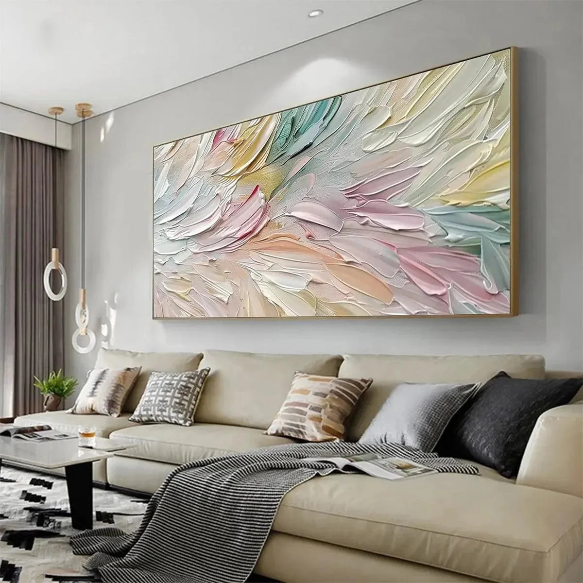 PASTEL DREAM: Textured Abstract Painting in Soft Hues, Horizontal Wall Art | black frame version on white wall