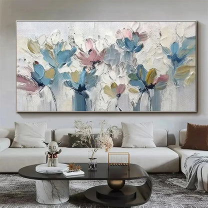 PASTEL DREAM: Textured Floral Painting, Pastel Flower Wall Art, Panoramic Canvas, Impressionist Decor | Impressionist closeup, raised brushwork detail