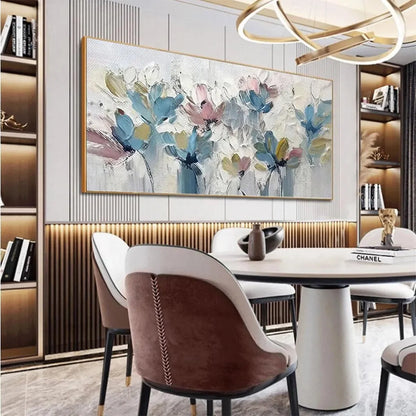 PASTEL DREAM: Textured Floral Painting, Pastel Flower Wall Art, Panoramic Canvas, Impressionist Decor | gold frame stretched on neutral wall