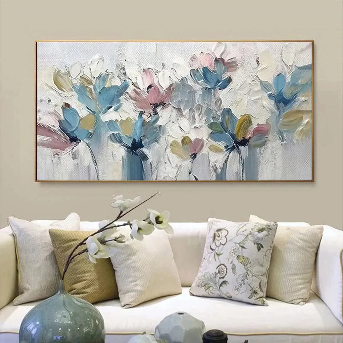 PASTEL DREAM: Textured Floral Painting, Pastel Flower Wall Art, Panoramic Canvas, Impressionist Decor | black frame version on white wall