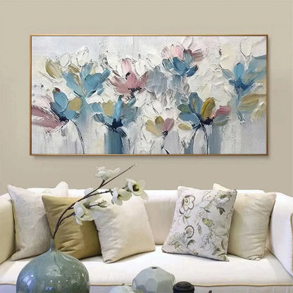 PASTEL DREAM: Textured Floral Painting, Pastel Flower Wall Art, Panoramic Canvas, Impressionist Decor | black frame version on white wall