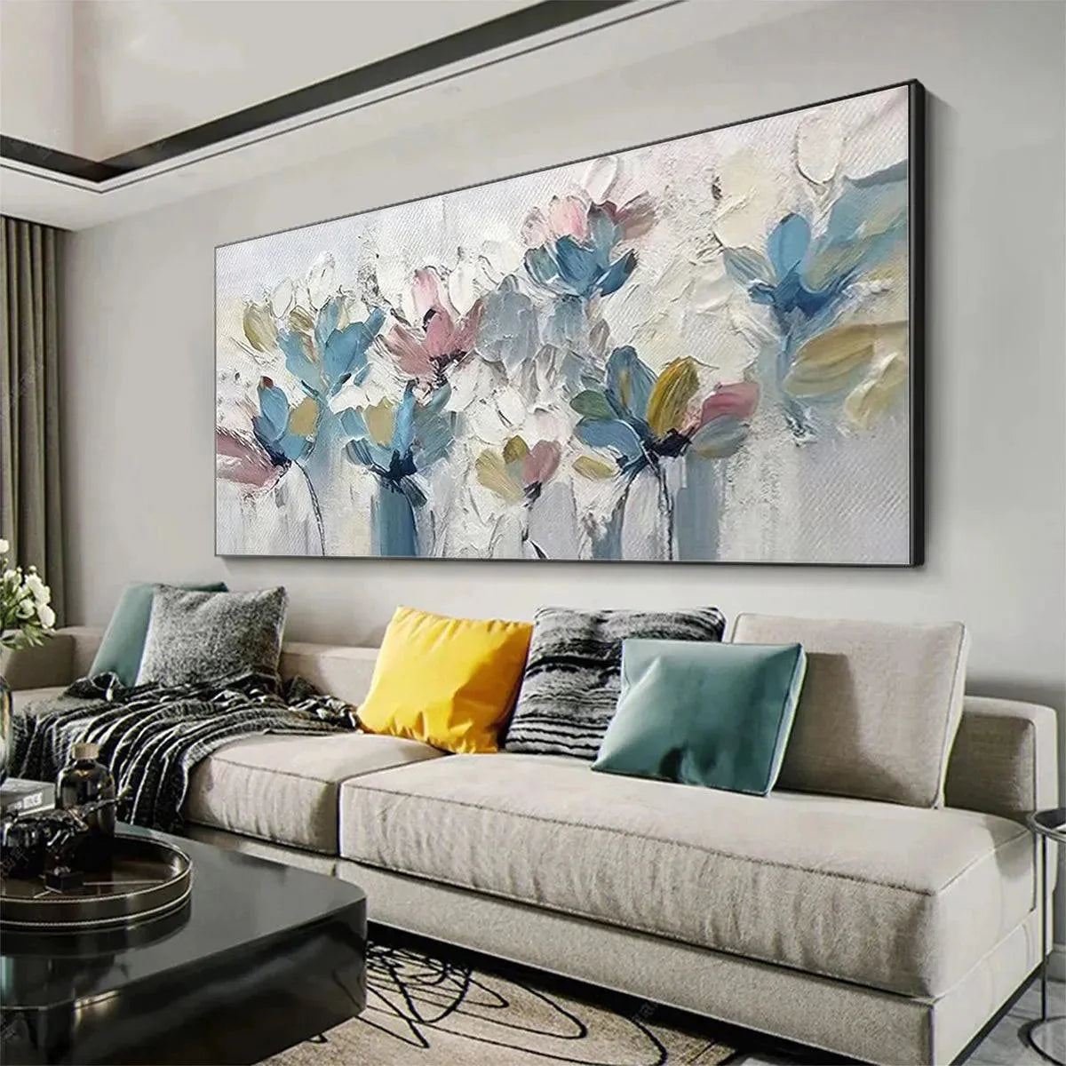 PASTEL DREAM: Textured Floral Painting, Pastel Flower Wall Art, Panoramic Canvas, Impressionist Decor | Impressionist mood, soft natural light studio shot