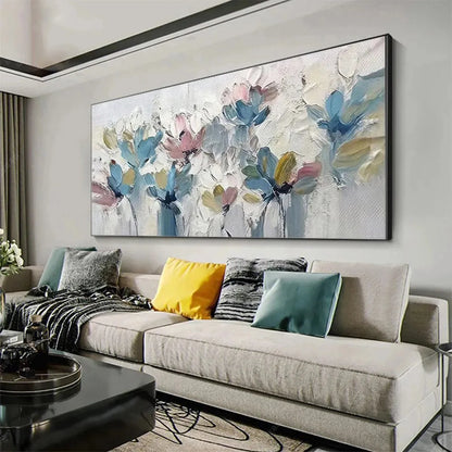 PASTEL DREAM: Textured Floral Painting, Pastel Flower Wall Art, Panoramic Canvas, Impressionist Decor | Impressionist mood, soft natural light studio shot