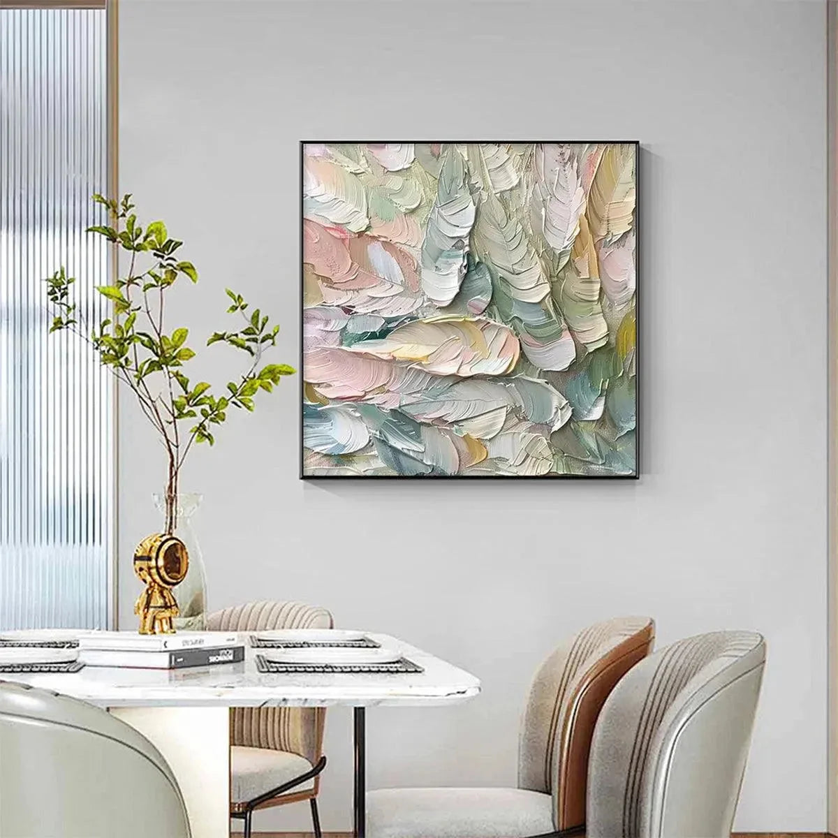 PASTEL FEATHERS: Textured Abstract Painting, Impasto Wall Art, Square Canvas, Dreamy Decor | gold frame stretched on neutral wall