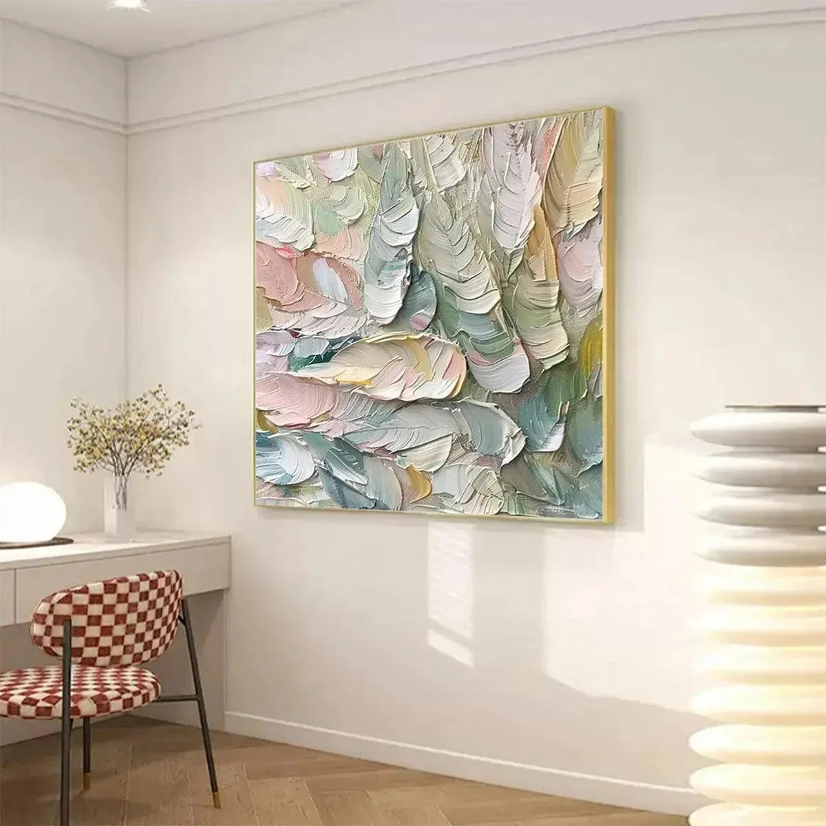 PASTEL FEATHERS: Textured Abstract Painting, Impasto Wall Art, Square Canvas, Dreamy Decor | black frame version on white wall