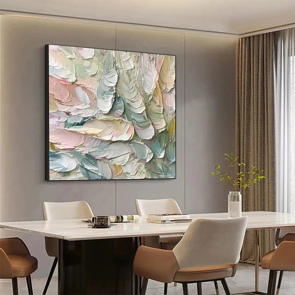 PASTEL FEATHERS: Textured Abstract Painting, Impasto Wall Art, Square Canvas, Dreamy Decor | Figurative mood, soft natural light studio shot