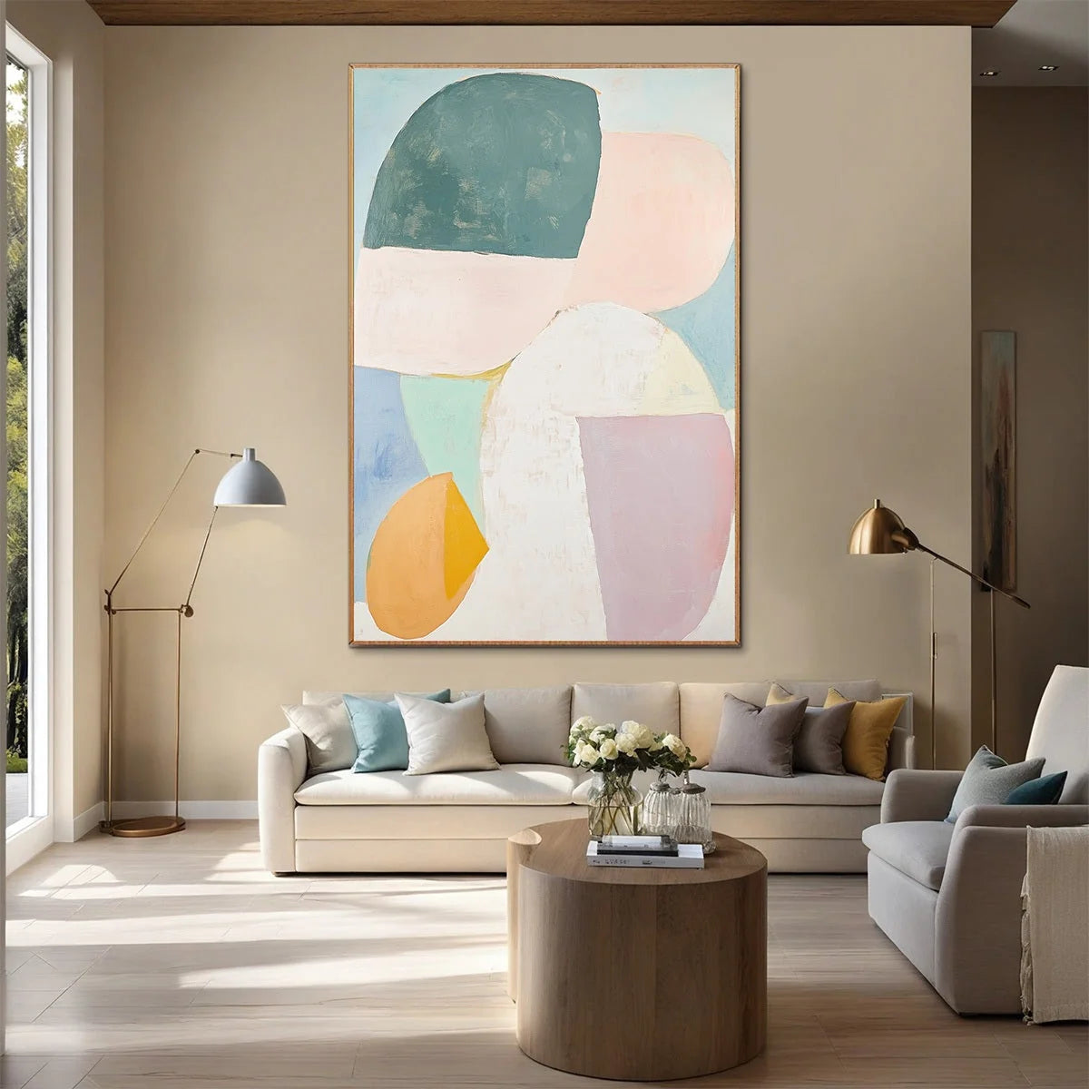PASTEL HARMONY: Soft Abstract Color Block Oil Painting | gold frame stretched on neutral wall