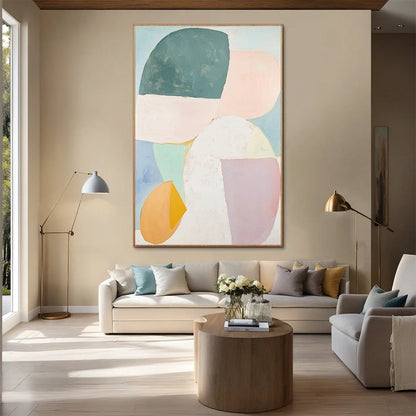 PASTEL HARMONY: Soft Abstract Color Block Oil Painting | gold frame stretched on neutral wall