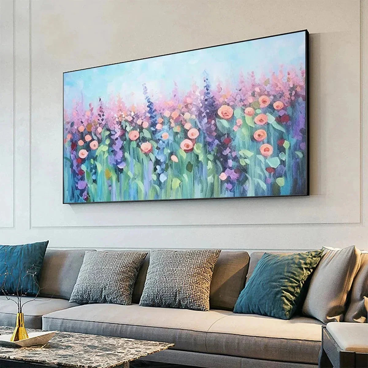 PASTEL MEADOW: Impressionistic Floral Landscape Painting | gold frame stretched on neutral wall