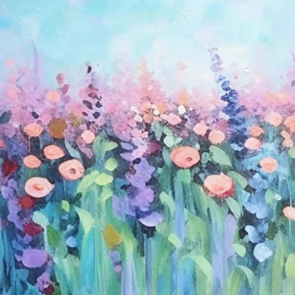 PASTEL MEADOW: Impressionistic Floral Landscape Painting | black frame version on white wall