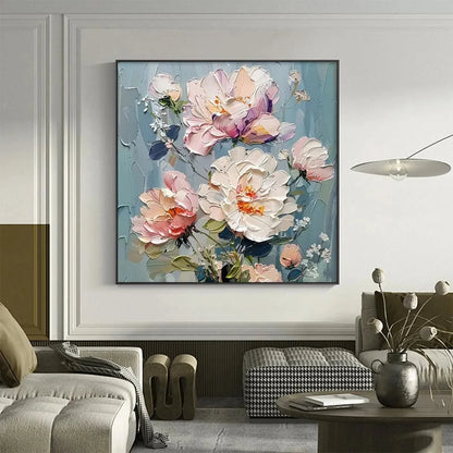 PASTEL PEONIES: Textured Peony Painting, Impasto Floral Wall Art, Square Canvas, Romantic Decor | Abstract closeup, raised brushwork detail