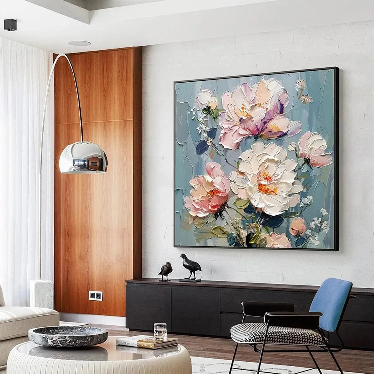 PASTEL PEONIES: Textured Peony Painting, Impasto Floral Wall Art, Square Canvas, Romantic Decor | gold frame stretched on neutral wall
