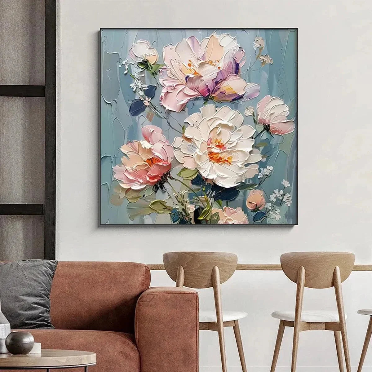 PASTEL PEONIES: Textured Peony Painting, Impasto Floral Wall Art, Square Canvas, Romantic Decor | rolled canvas, ready for custom framing