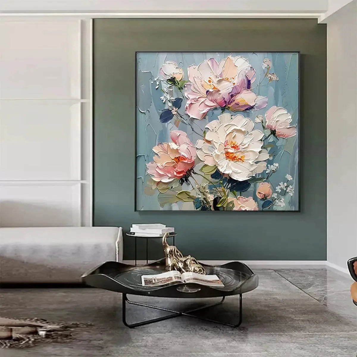 PASTEL PEONIES: Textured Peony Painting, Impasto Floral Wall Art, Square Canvas, Romantic Decor | black frame version on white wall