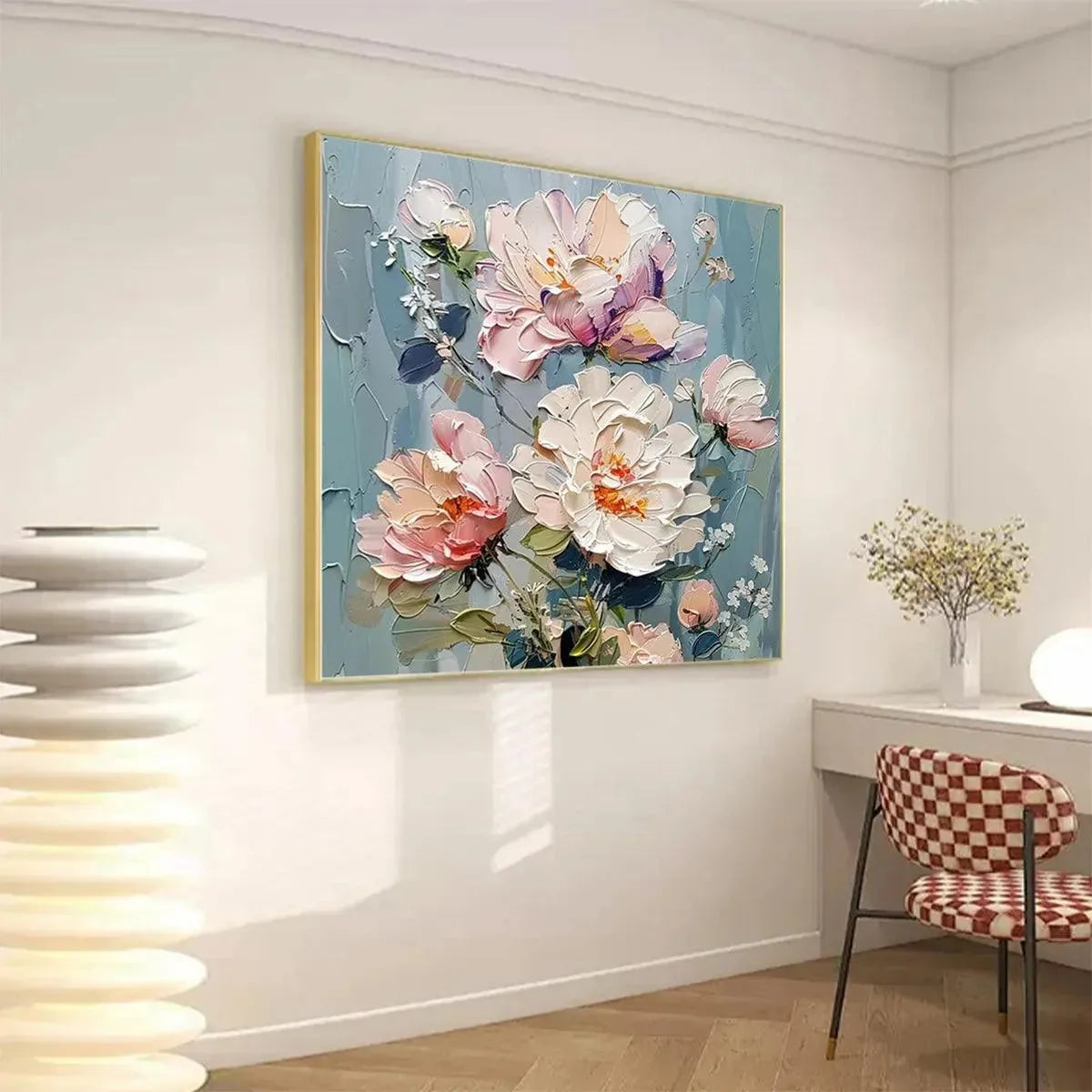PASTEL PEONIES: Textured Peony Painting, Impasto Floral Wall Art, Square Canvas, Romantic Decor | Abstract mood, soft natural light studio shot