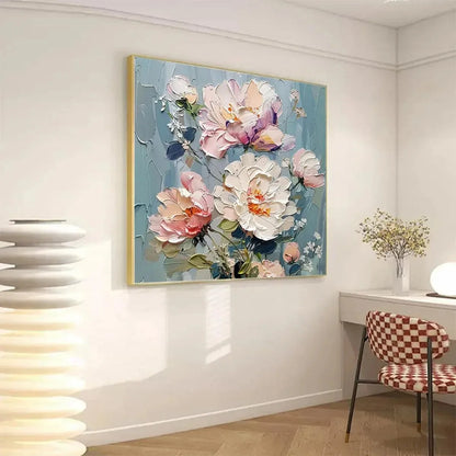 PASTEL PEONIES: Textured Peony Painting, Impasto Floral Wall Art, Square Canvas, Romantic Decor | Abstract mood, soft natural light studio shot