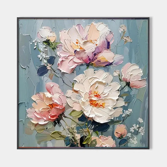 PASTEL PEONIES: Textured Peony Painting, Impasto Floral Wall Art, Square Canvas, Romantic Decor | hanging in living room, Abstract wall art