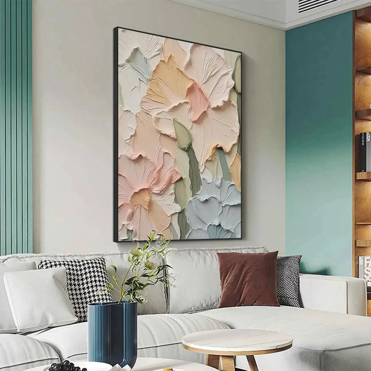 PASTEL PETALS: Textured Impasto Floral Painting, 3D Flower Wall Art, Square Canvas, Romantic Decor | gold frame stretched on neutral wall