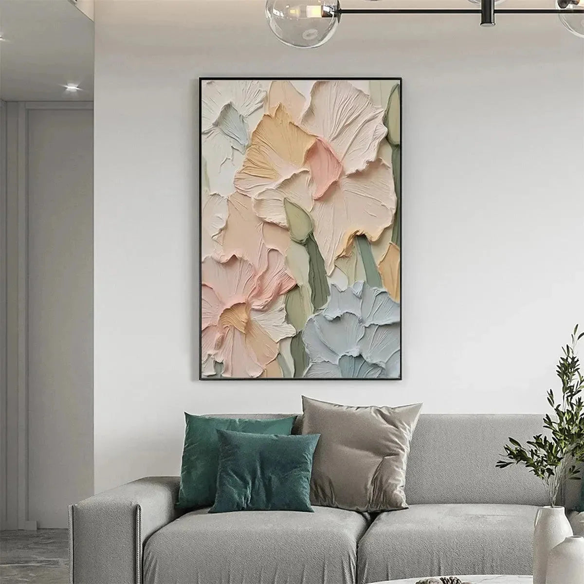 PASTEL PETALS: Textured Impasto Floral Painting, 3D Flower Wall Art, Square Canvas, Romantic Decor | black frame version on white wall