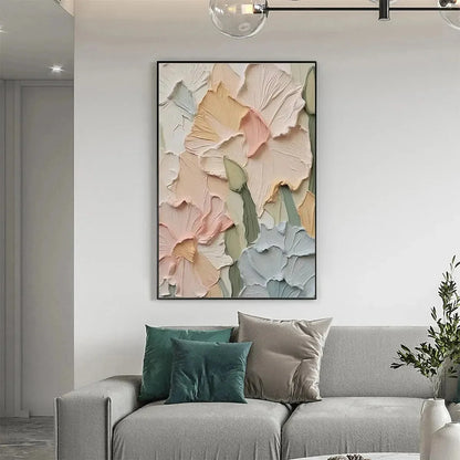 PASTEL PETALS: Textured Impasto Floral Painting, 3D Flower Wall Art, Square Canvas, Romantic Decor | black frame version on white wall