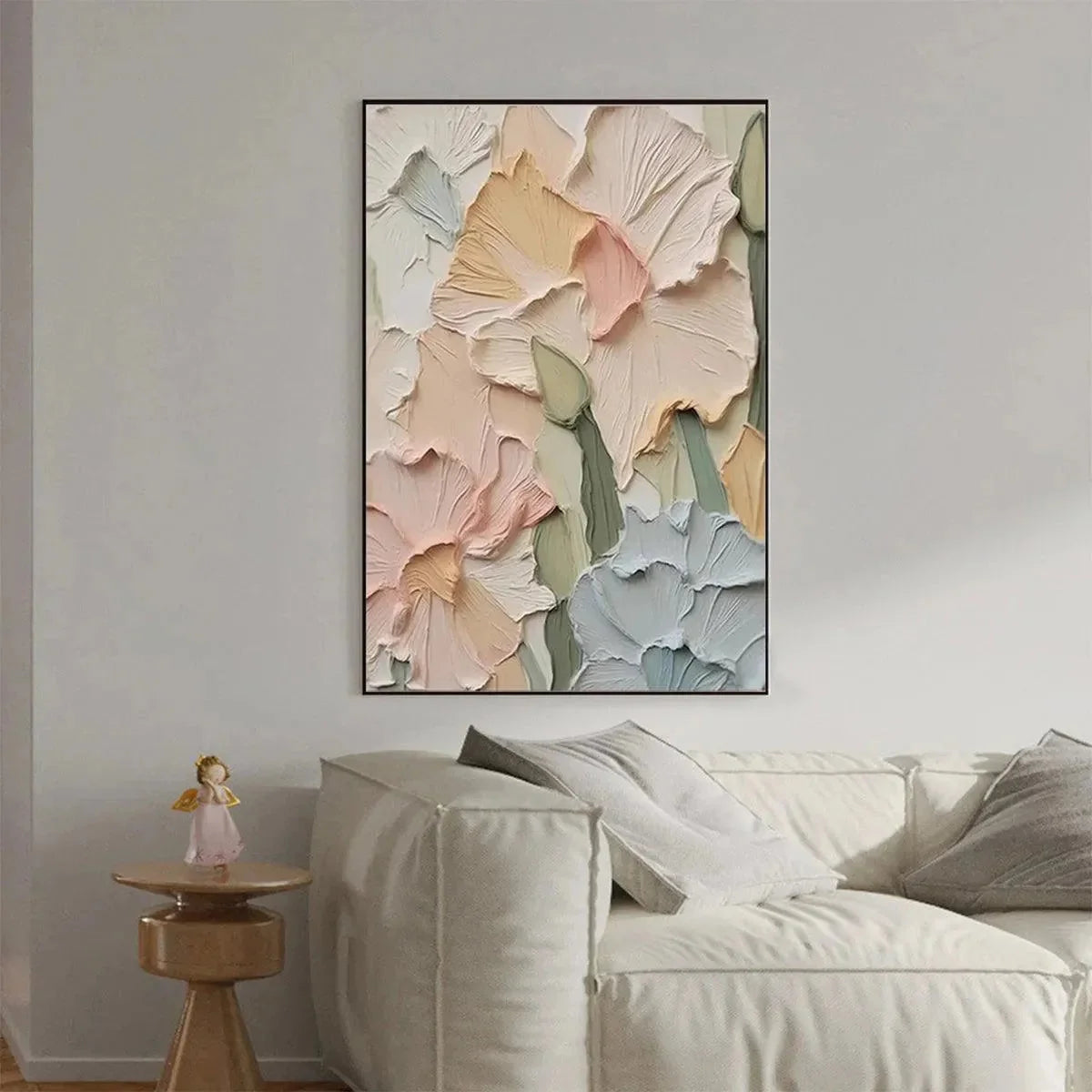 PASTEL PETALS: Textured Impasto Floral Painting, 3D Flower Wall Art, Square Canvas, Romantic Decor | Abstract mood, soft natural light studio shot