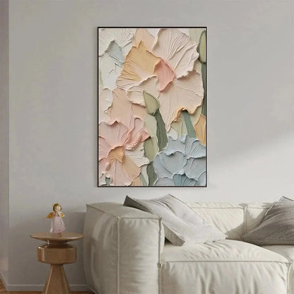 PASTEL PETALS: Textured Impasto Floral Painting, 3D Flower Wall Art, Square Canvas, Romantic Decor | Abstract mood, soft natural light studio shot