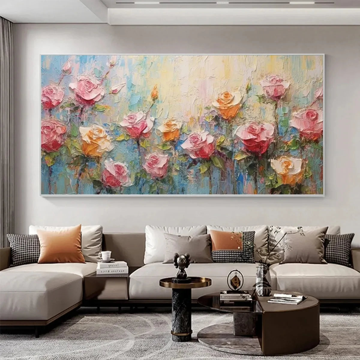 PASTEL ROSE GARDEN: Original Impasto Floral Oil Painting | Abstract closeup, raised brushwork detail