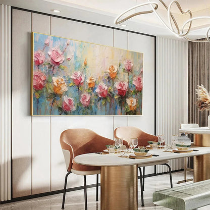 PASTEL ROSE GARDEN: Original Impasto Floral Oil Painting | gold frame stretched on neutral wall
