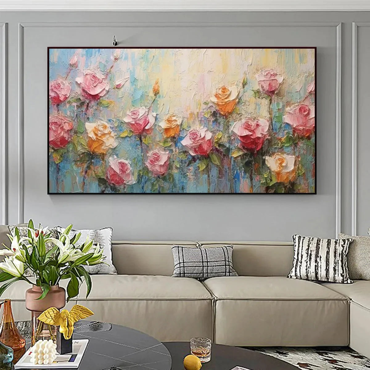 PASTEL ROSE GARDEN: Original Impasto Floral Oil Painting | rolled canvas, ready for custom framing