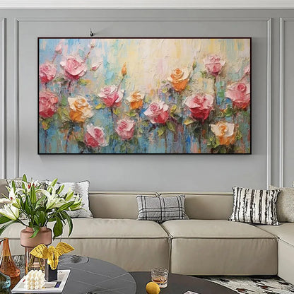 PASTEL ROSE GARDEN: Original Impasto Floral Oil Painting | rolled canvas, ready for custom framing